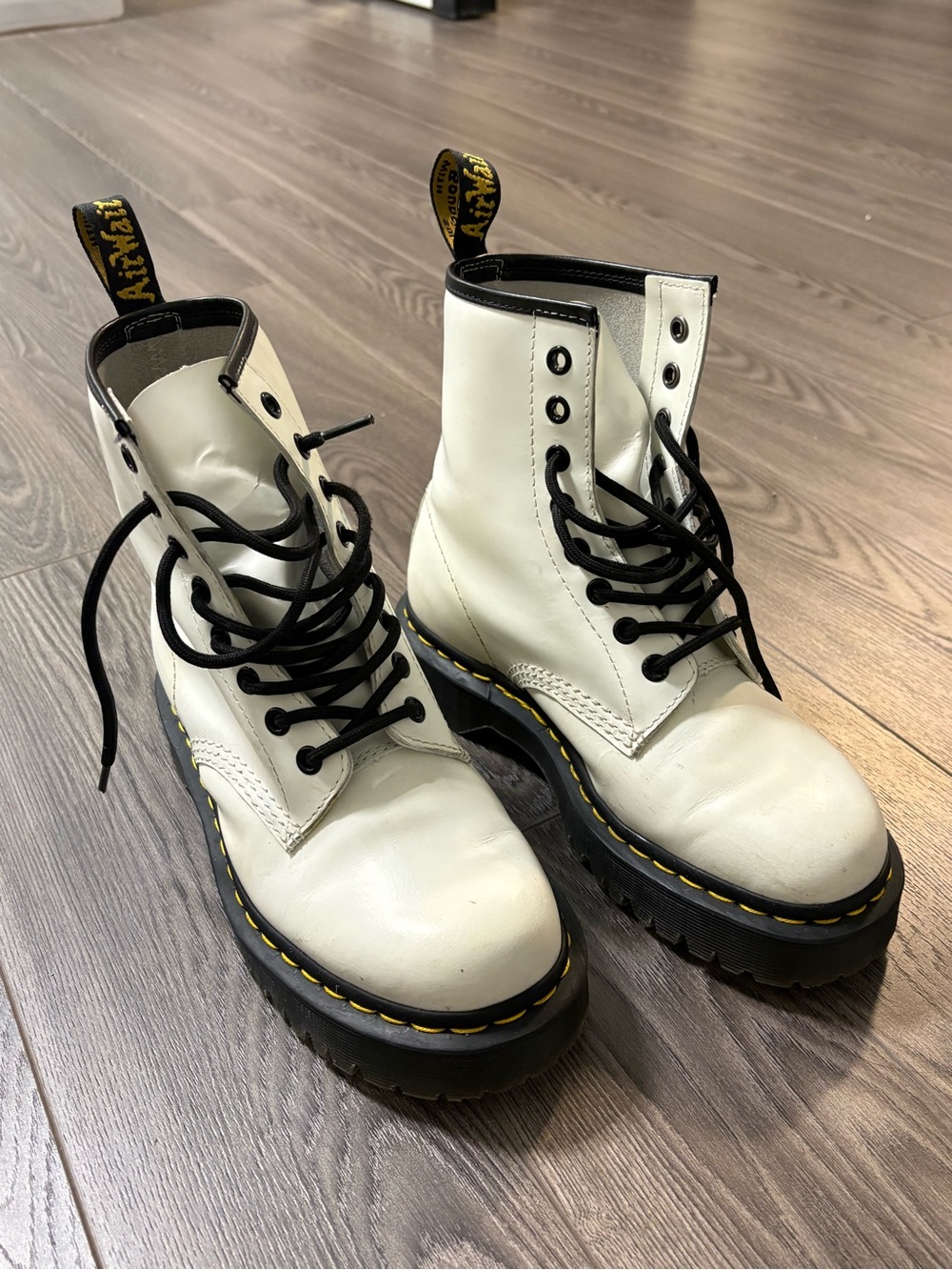 Dr. Martens White Lace-Up Platform Boots with Yellow Stitching